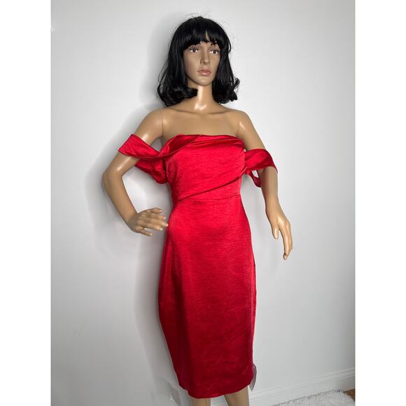 NWT Vesper London Red Off-Shoulder Drape Neck Bodycon Midi Dress Size XS - Picture 10 of 16